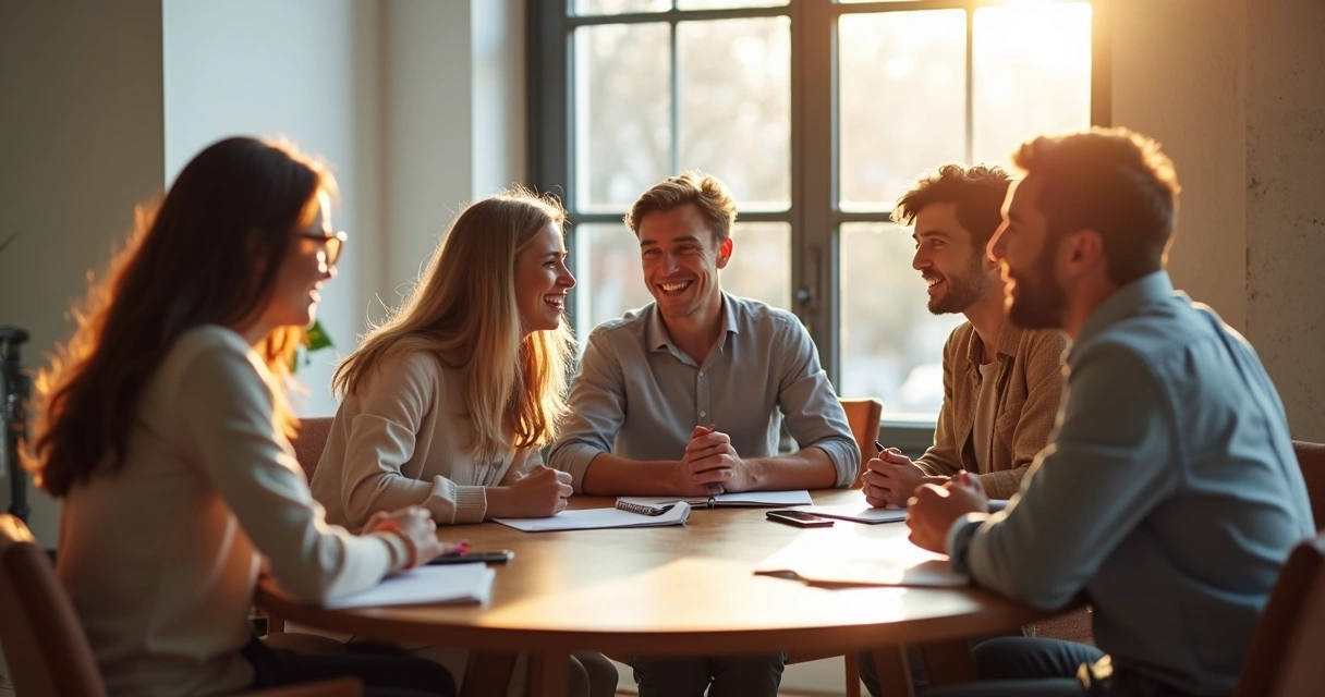 Diverse team sitting around a round table, engaged in open conversation, with bright lighting 