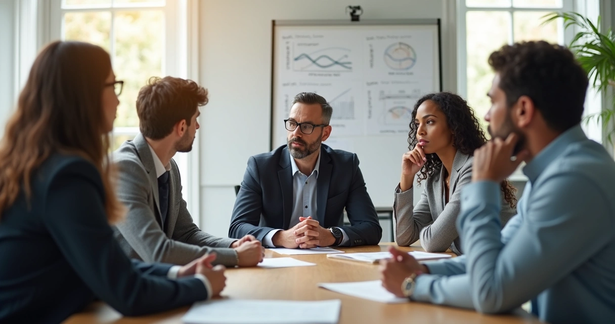 Colleagues discussing ideas in a bright meeting room
