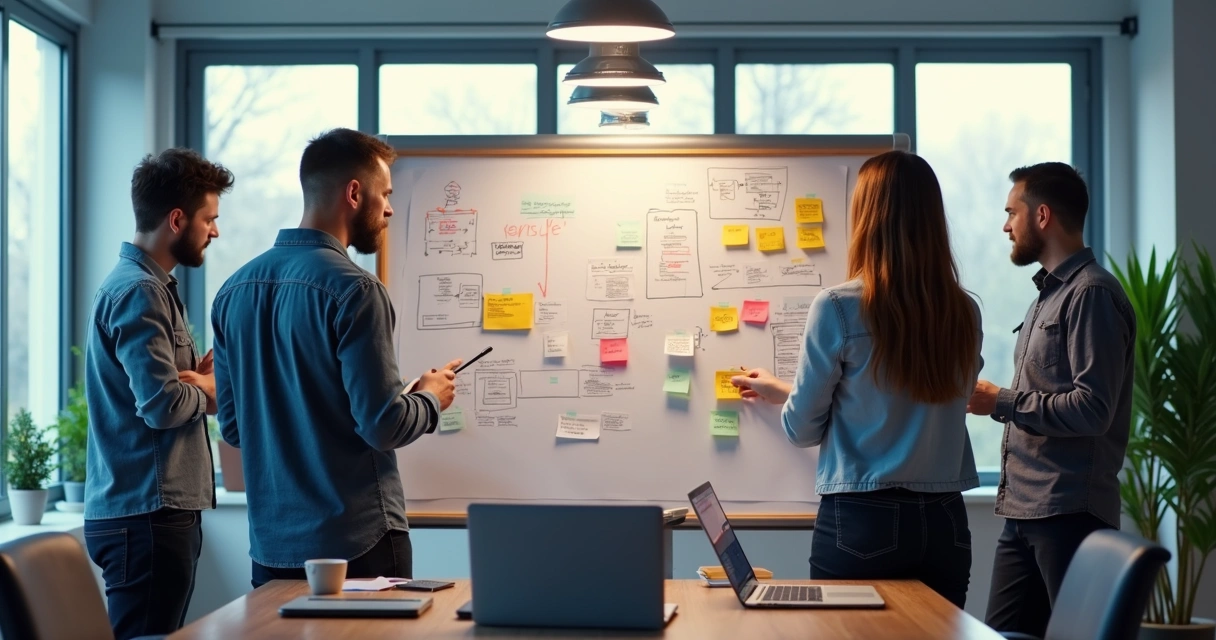 Equipe de desenvolvimento discutindo solução digital, olhando para lousa com diagramas e post-its. 
