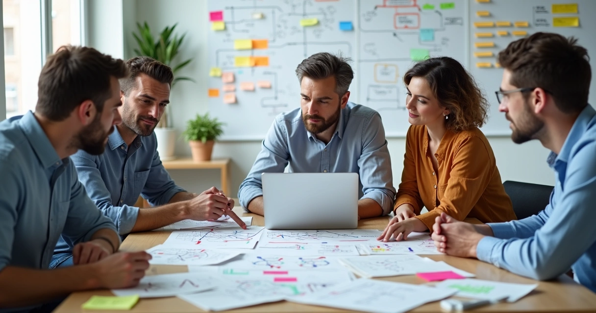 Group of professionals in a meeting discussing framework options 