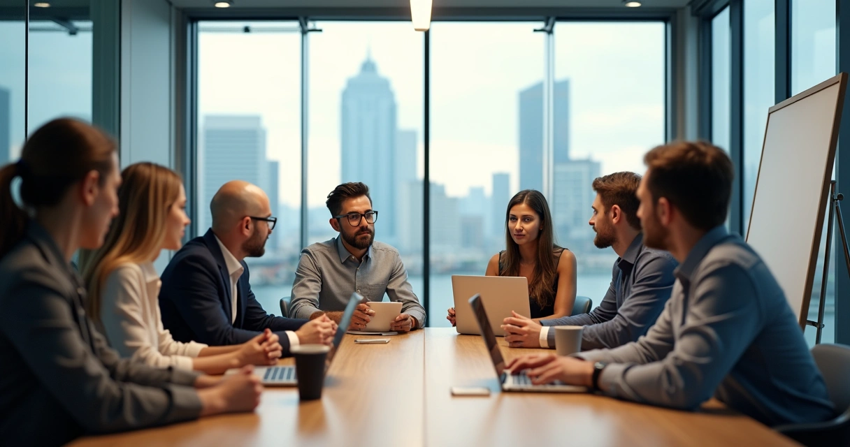 Team members in casual discussion around a table, some reserved, subtle tension visible 