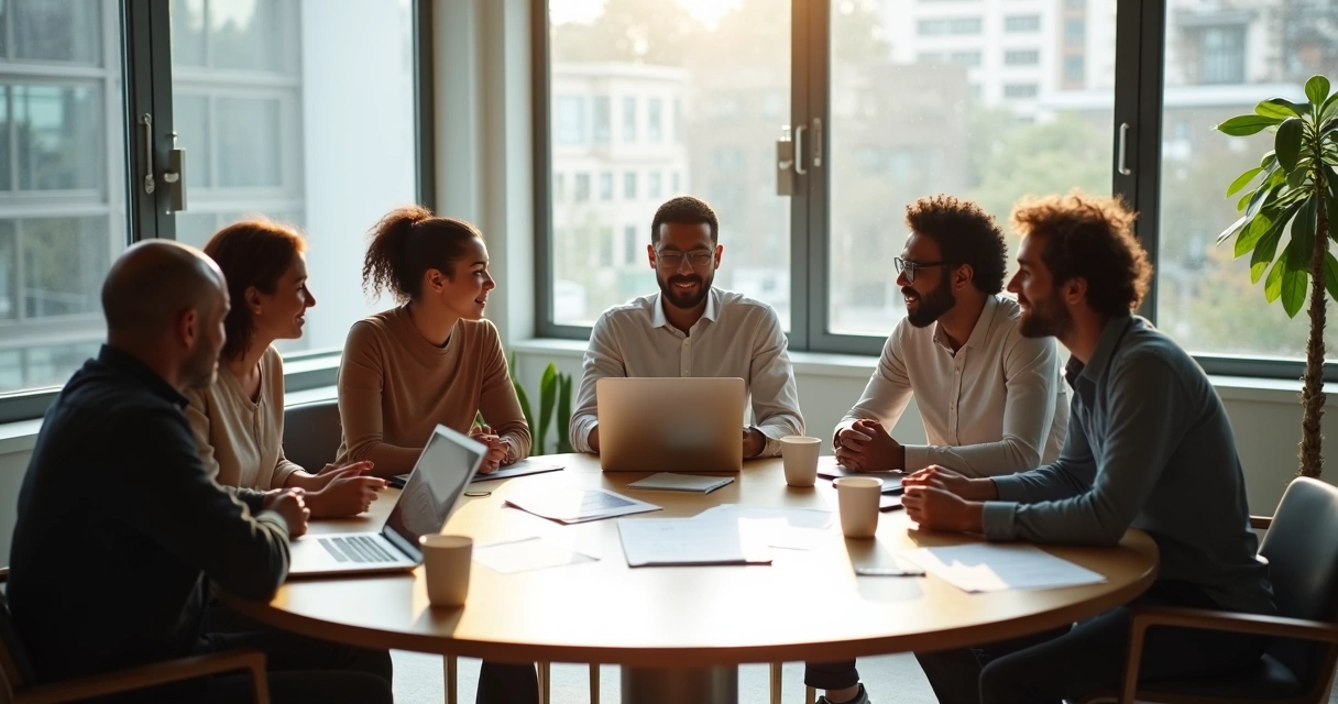 Team at a table having an open discussion with diverse members