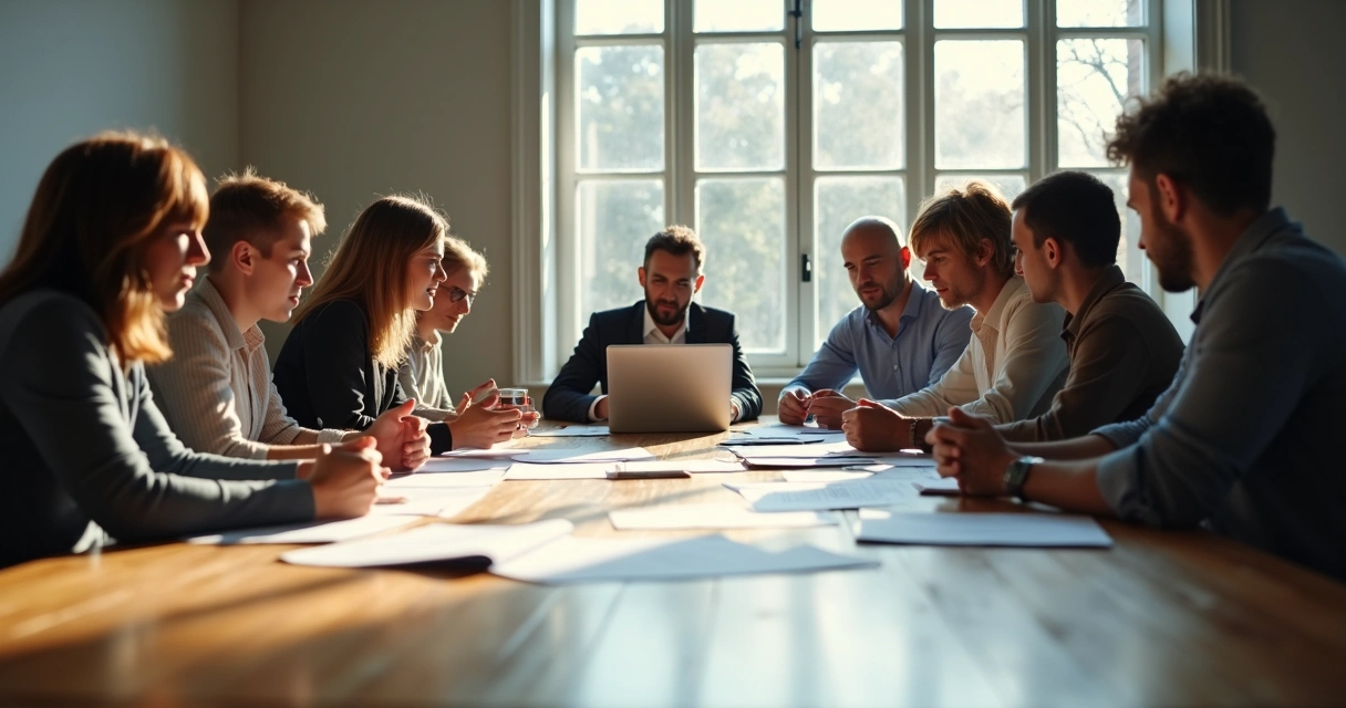 Team gathered around a table with papers and laptops discussing seriously 