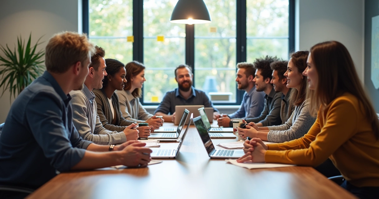 Group of people in discussion at a table with notes and laptops 
