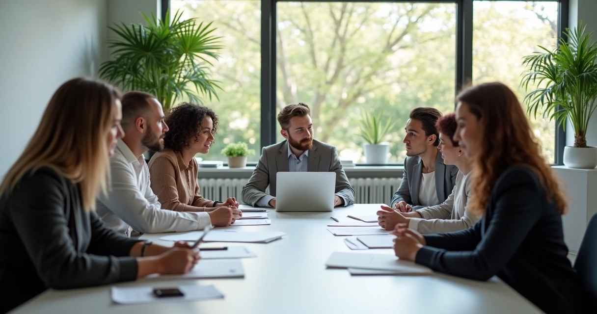 Team members sitting at a table discussing and collaborating