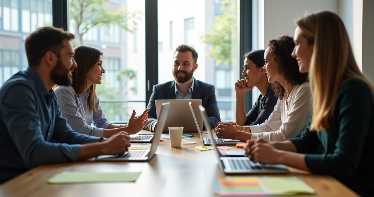 Team discussing ideas around a table 