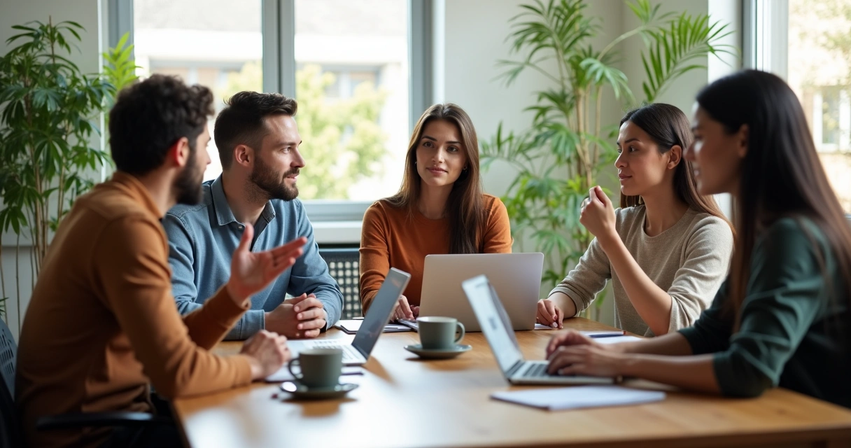 Team sitting around a table having discussion 