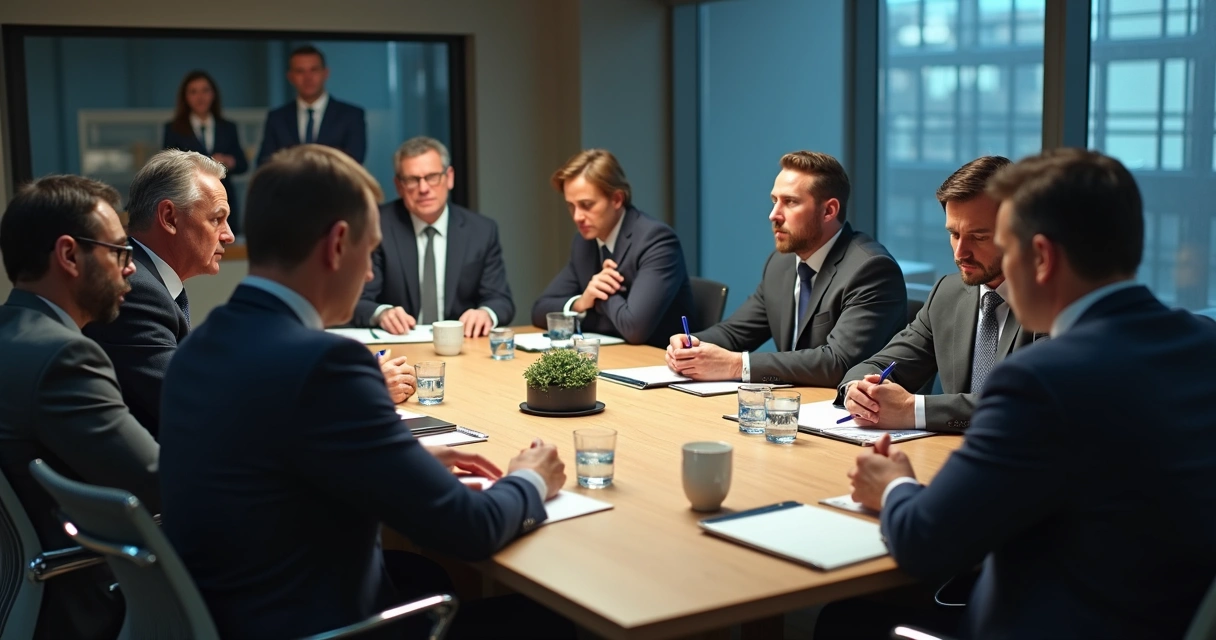 Team members in an awkward meeting, avoiding eye contact 