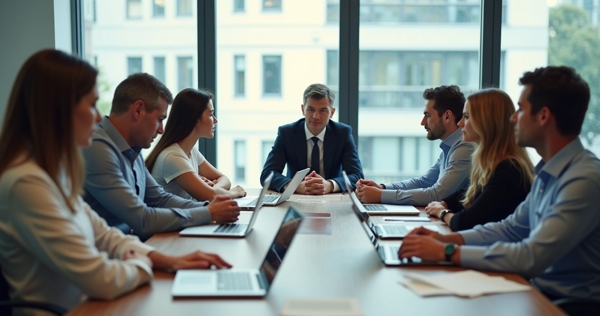 Team in meeting room with visible tension, employees avoiding eye contact 