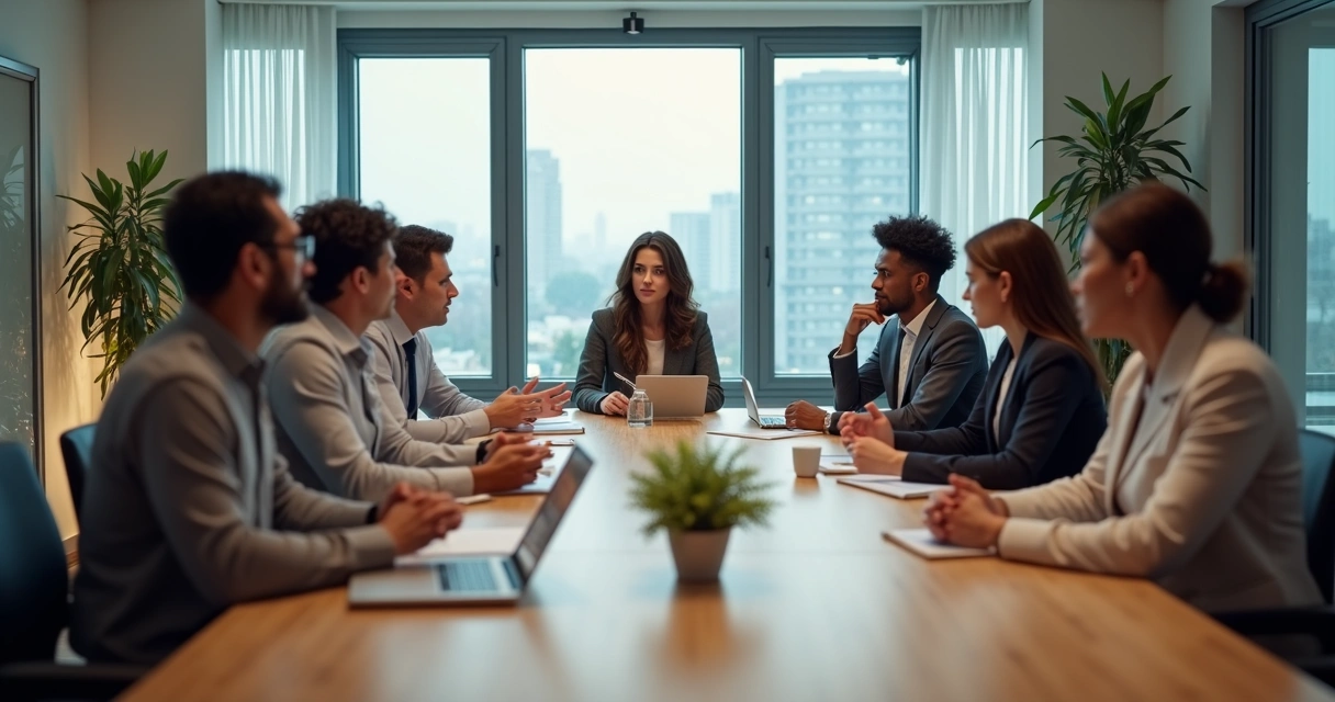 Team gathered around a table with some members looking uneasy while others avoid eye contact.
