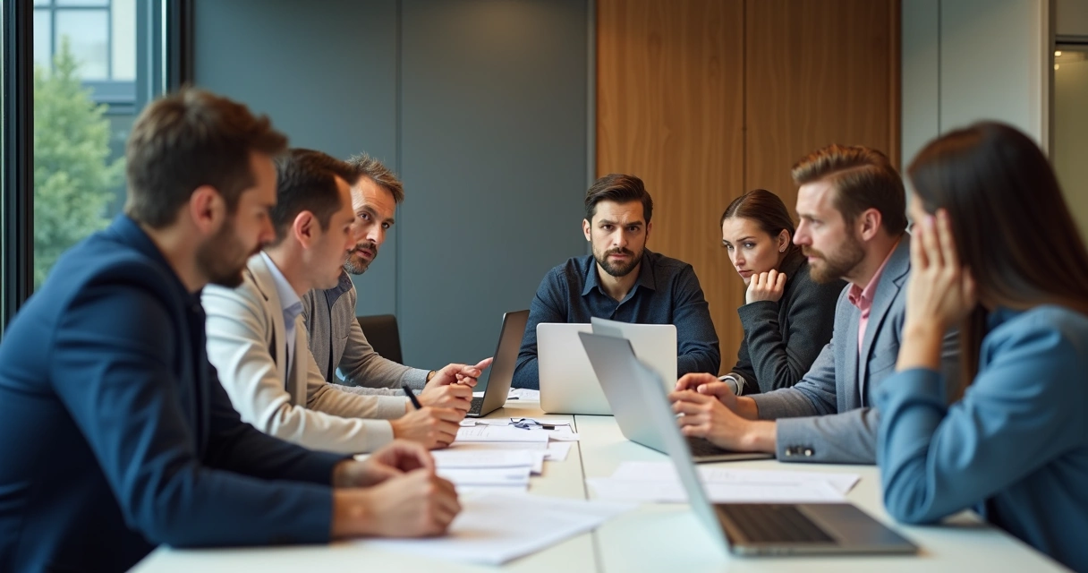 Group of professionals in an office, tense atmosphere, frustrated faces during team discussion 