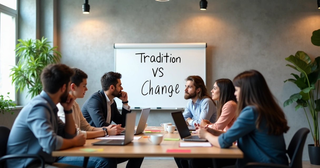 Team having a discussion about tradition and change 