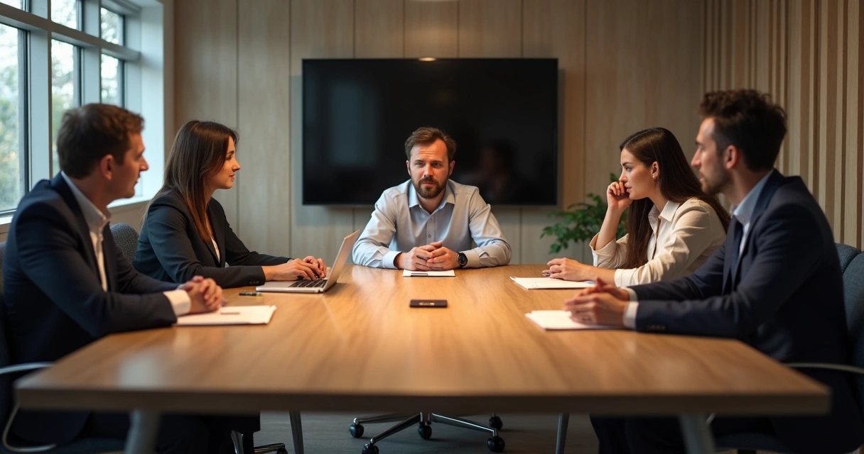 Team in discussion, arranged unconsciously in two small groups, subtle tension visible