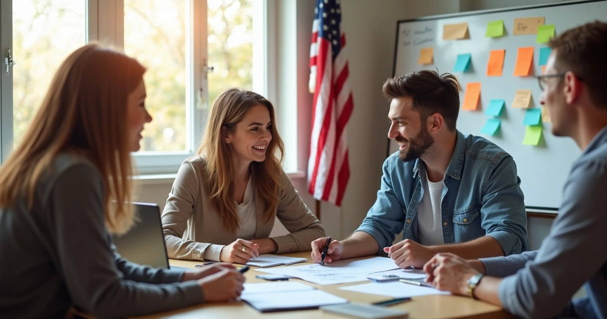 Small team discussing business plan with USA flag in background 