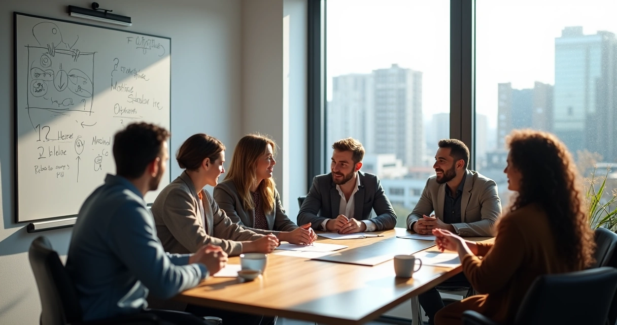 Group sitting around a table discussing ideas near a whiteboard 