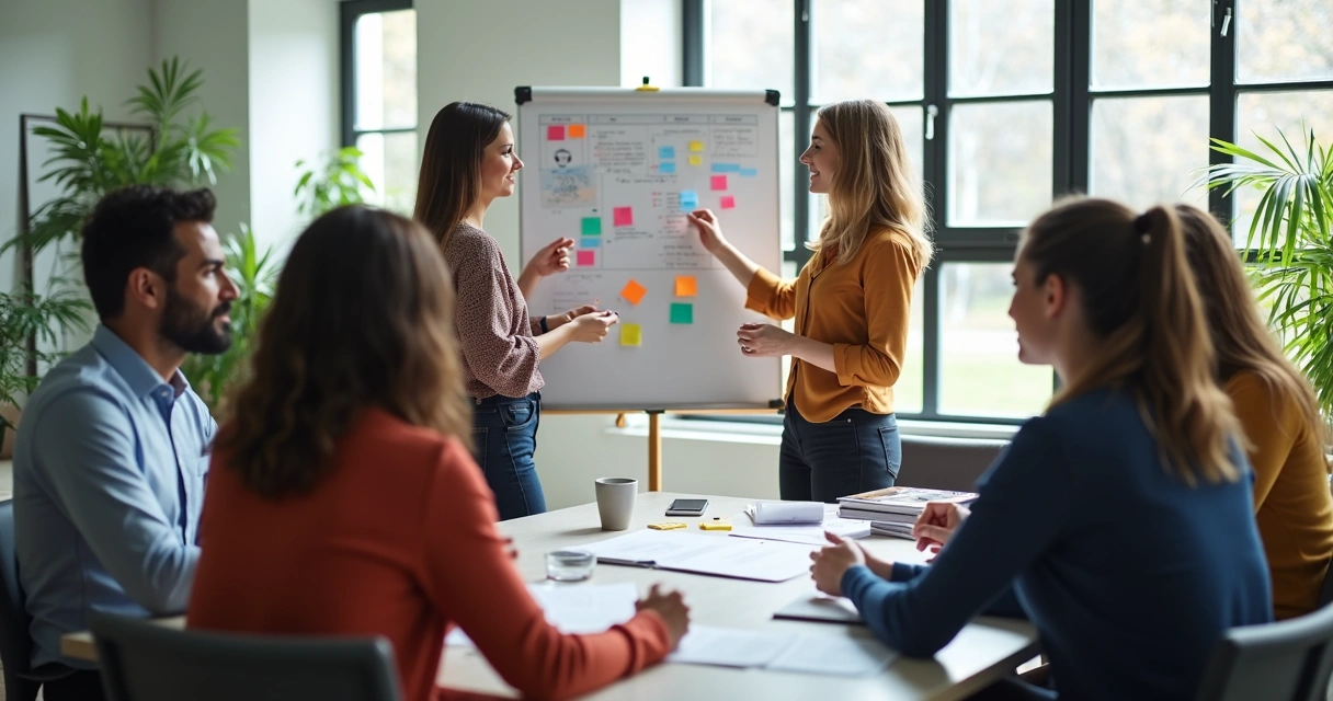 Team discussing in front of a whiteboard with colorful notes 