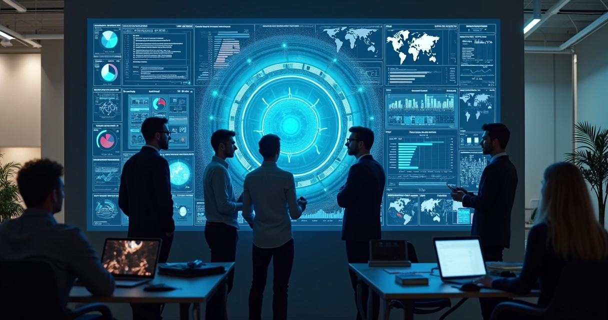 Equipe discutindo resultados de IA em dashboard digital 