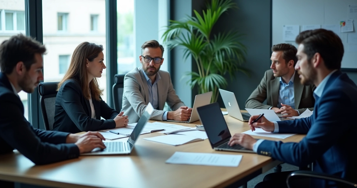 People gathered around a meeting table but emotionally distant, not making eye contact. 