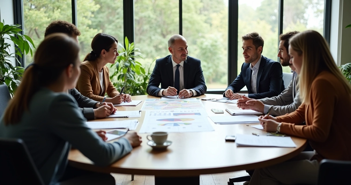 Mixed group of colleagues discussing around a conference table, diverse backgrounds represented