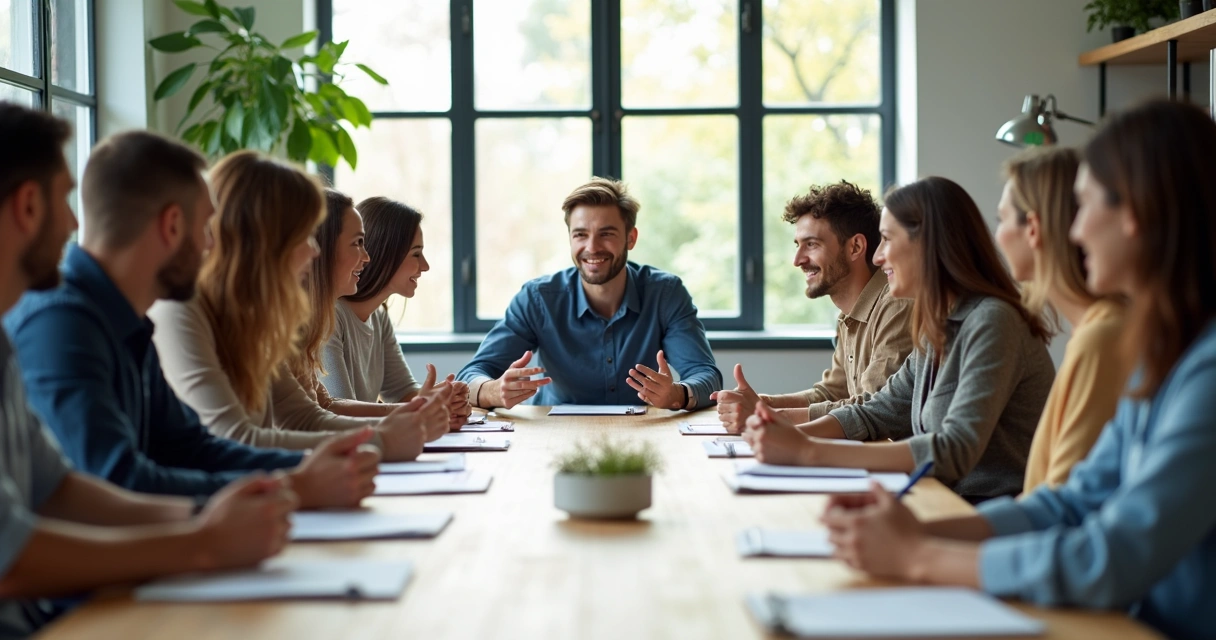 Diverse team having a focused discussion around a table
