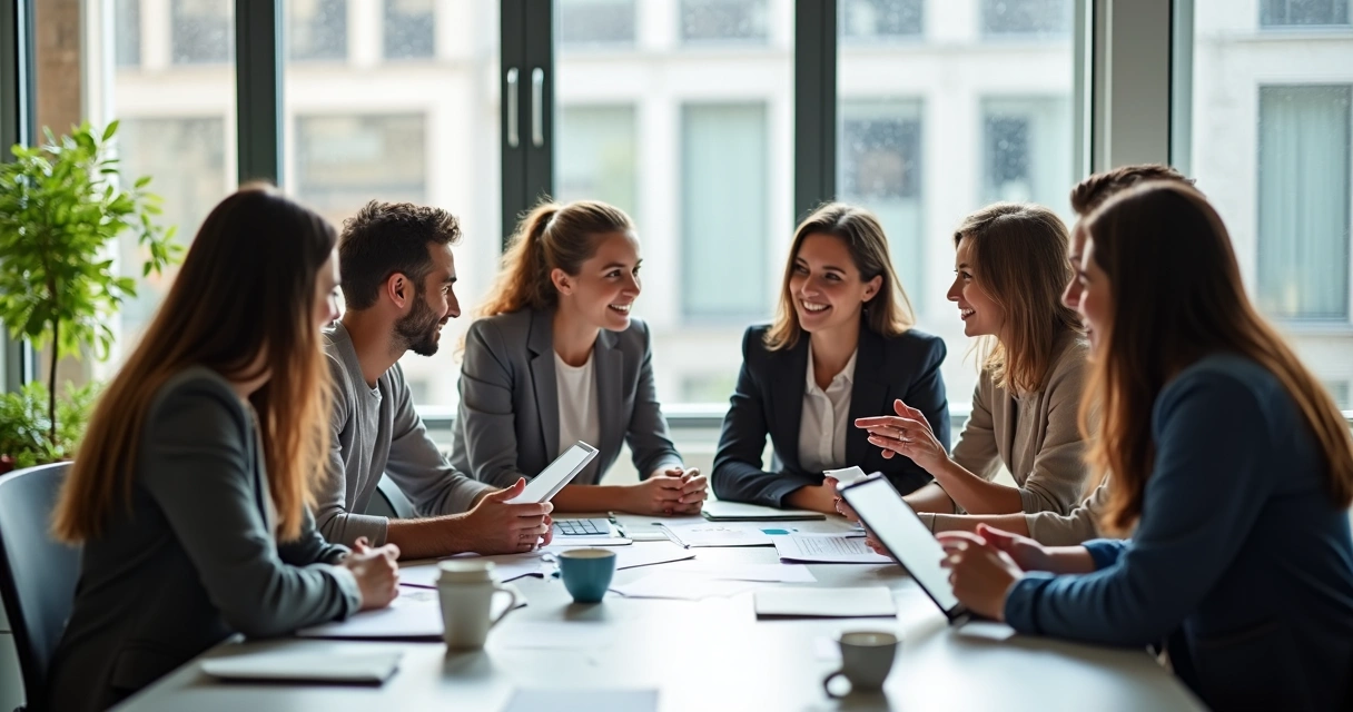 Diverse team collaborating around a table 