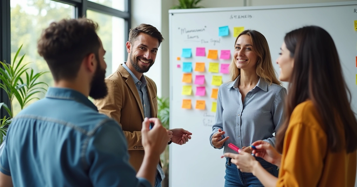 Workshop with a diverse team brainstorming around a whiteboard 
