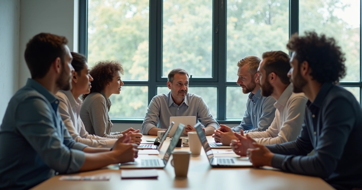 Team members around a table, one looking isolated, others engaged in intense discussion 