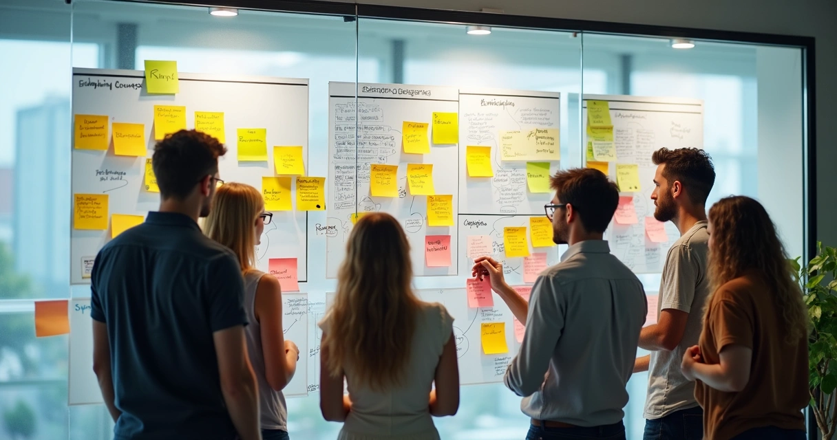 Team brainstorming ideas with notes on glass wall 