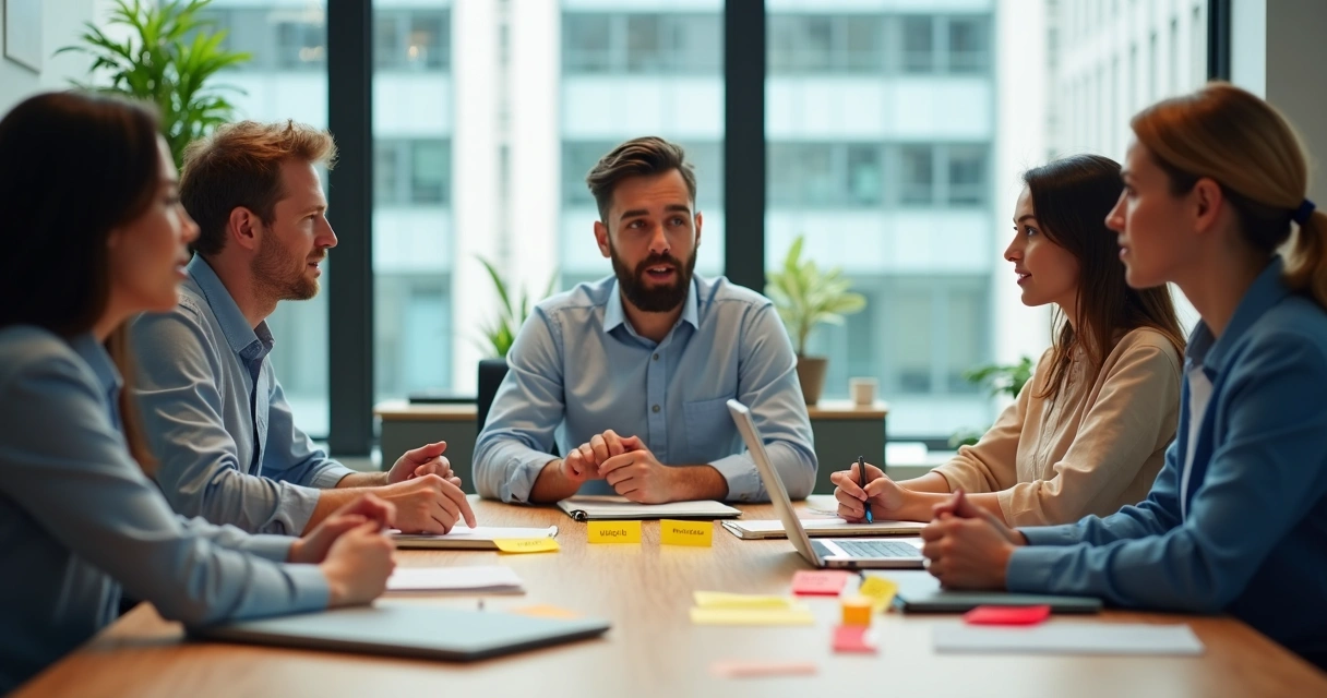 Team members in a meeting sharing emotional check-in notes 