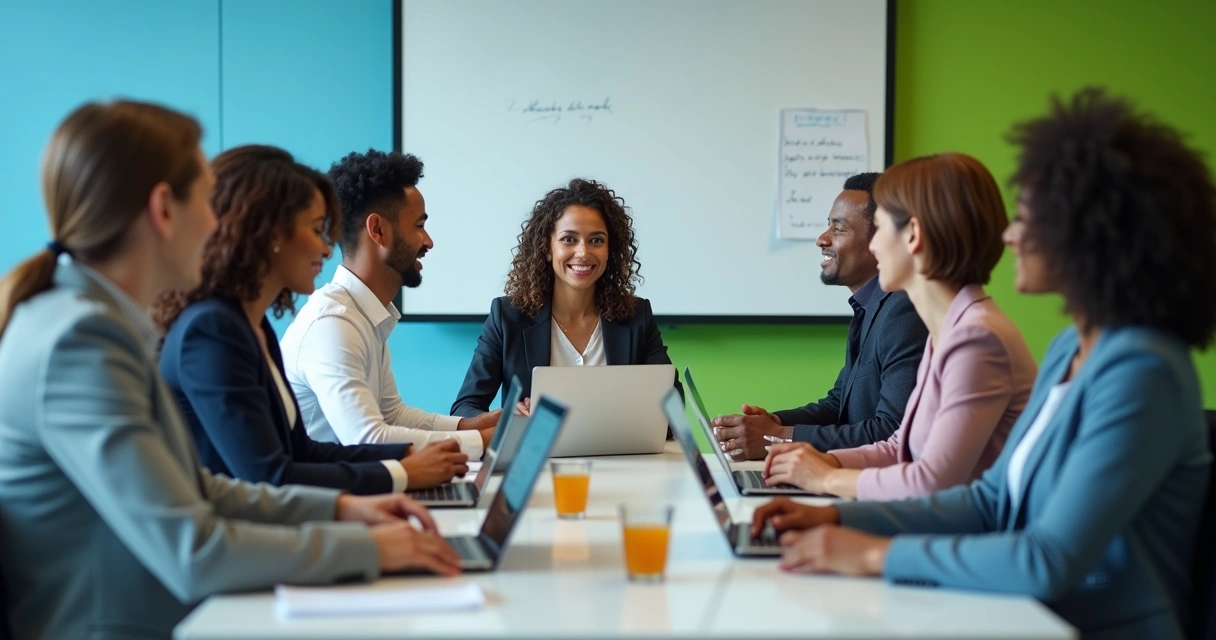 Mixed team sharing ideas around table with expressions showing trust and openness 