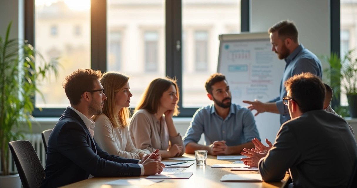Office workers in a meeting feeling varying emotions