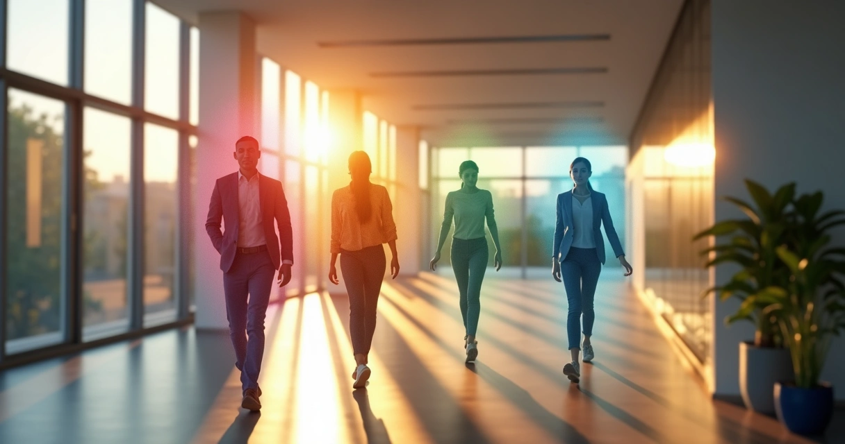Office corridor with emotional color waves spreading between coworkers 