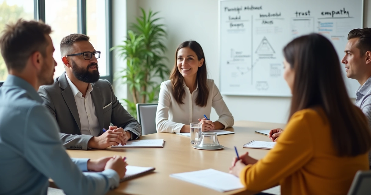 Diverse team in a meeting practicing attentive listening and emotional attunement 