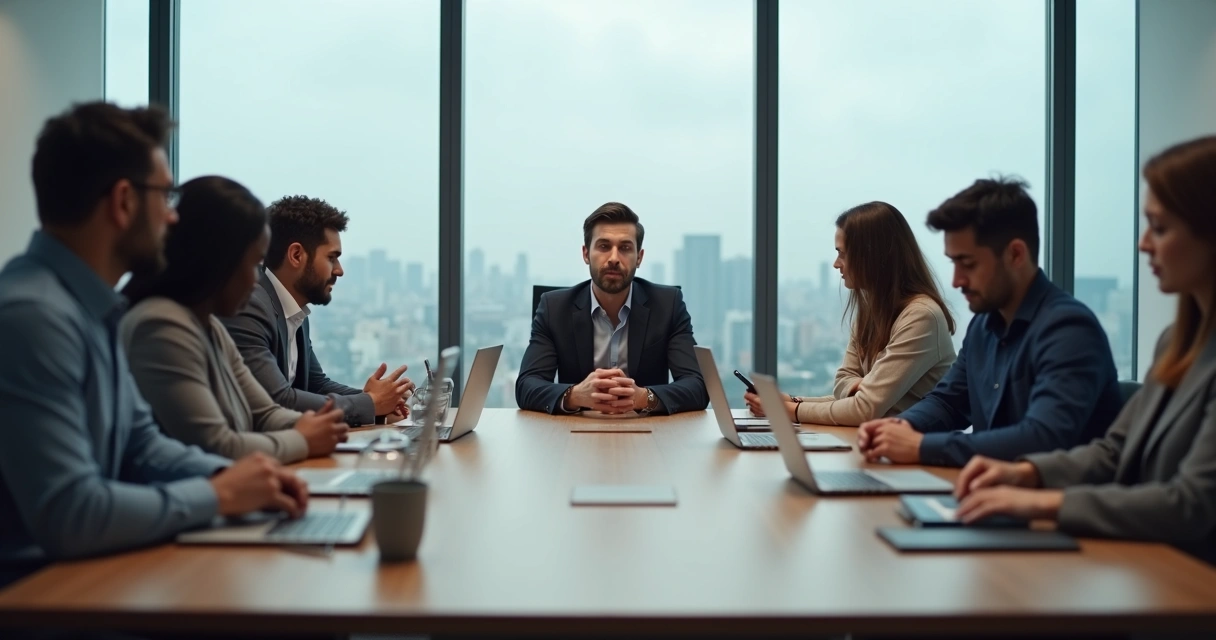 Team in tense meeting avoiding eye contact around a conference table 