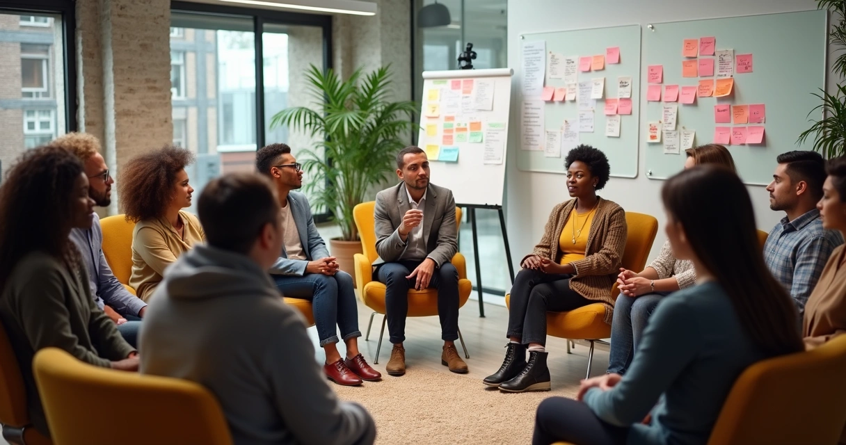 Team participating in an emotional awareness workshop with open discussion in a modern workspace