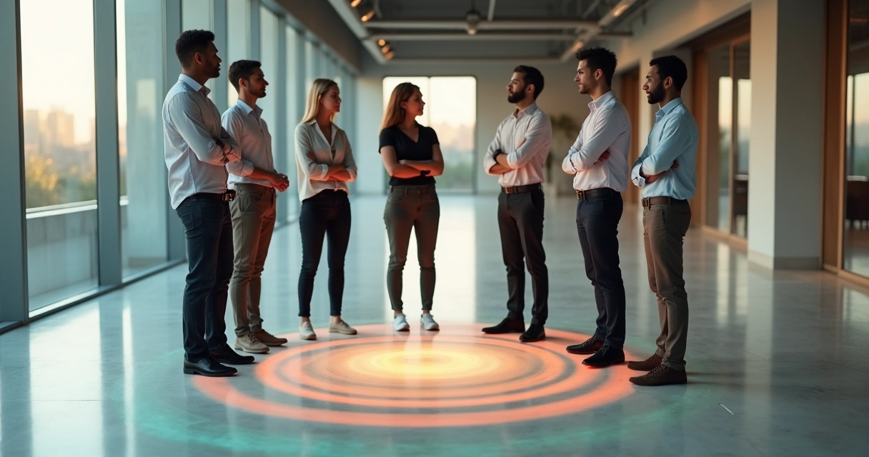 Team standing on color-coded floor grid symbolizing emotional boundaries 