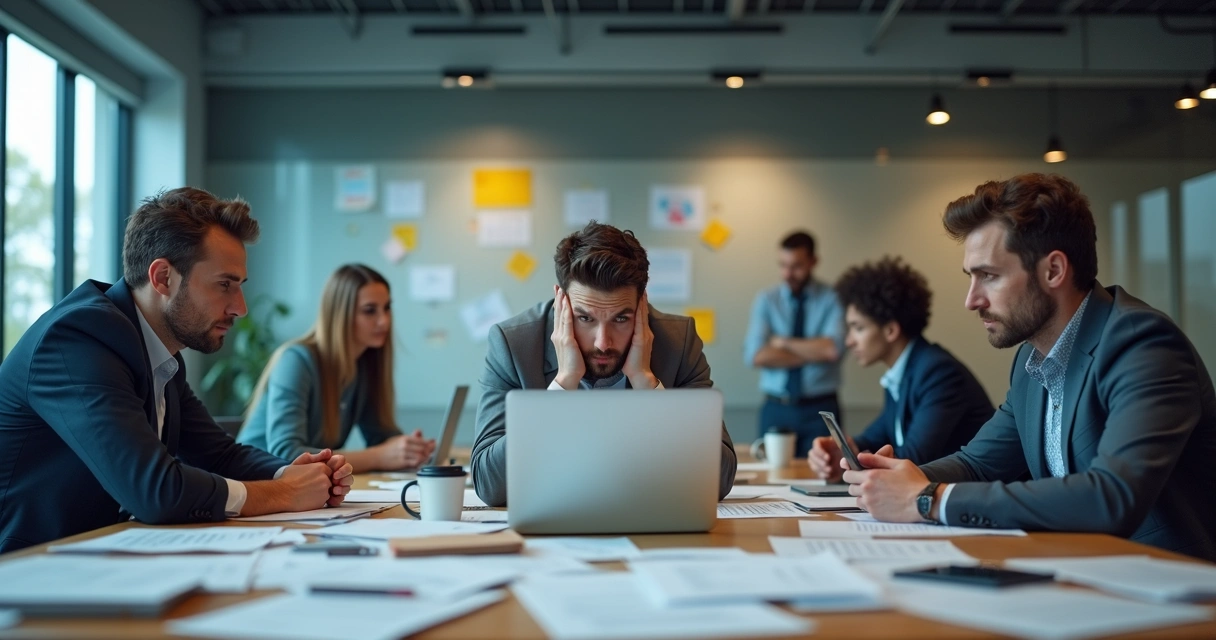 Stressed team in modern office showing signs of emotional burnout 