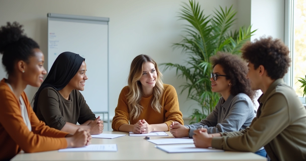 Team members in an office with calm expressions during a discussion