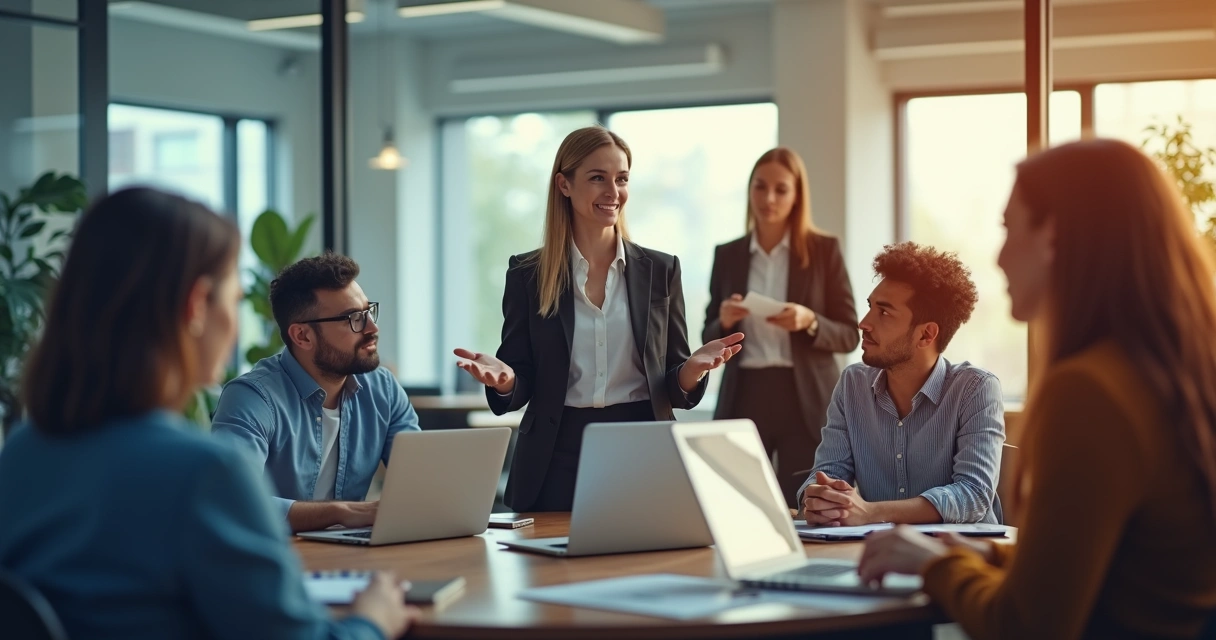 Office team connected by colorful emotional energy waves 