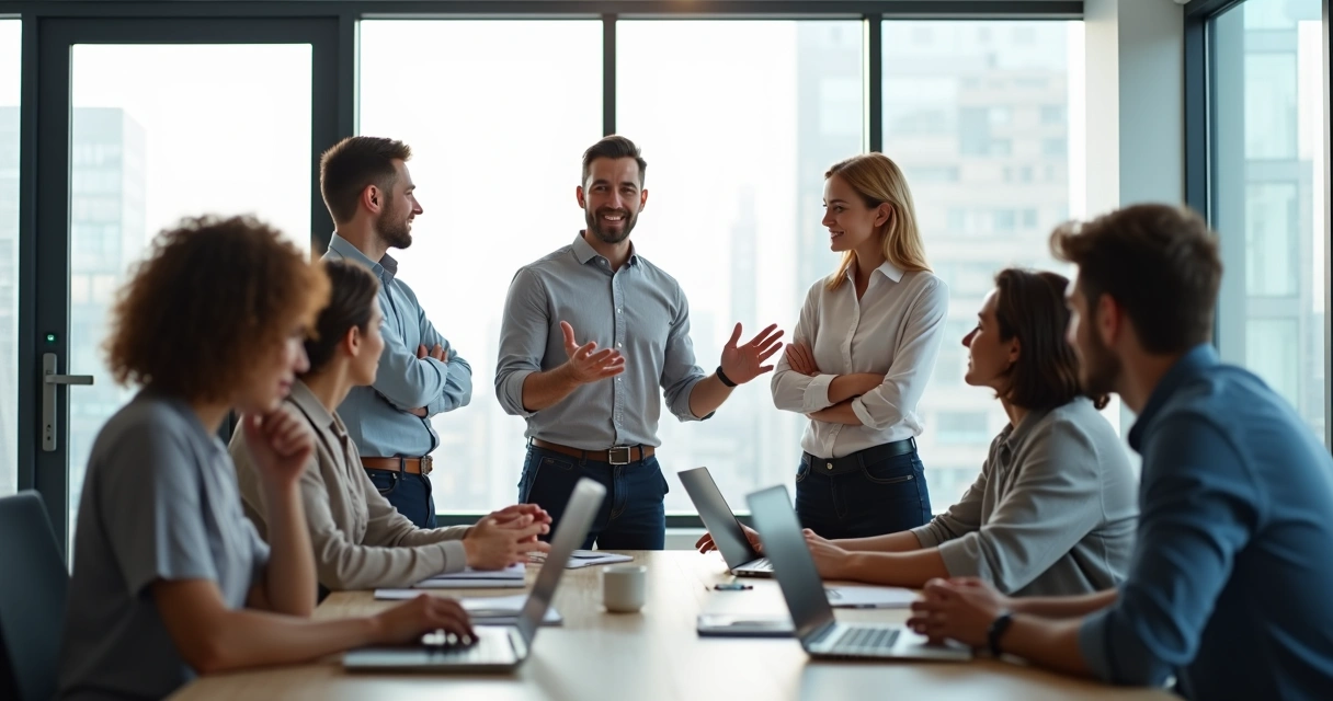 Mixed mood team in open office reflecting emotional contagion 