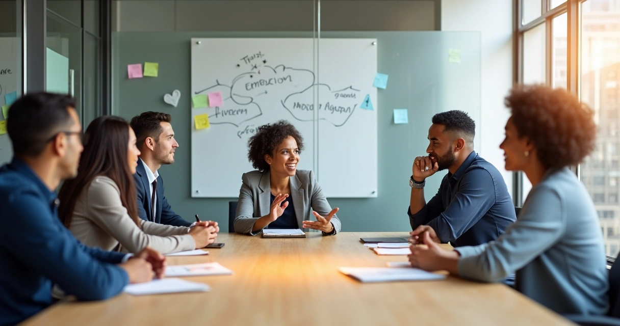 Diverse team in a meeting room having an open emotional conversation 