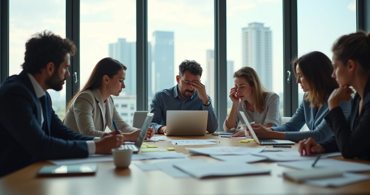 Diverse team in a meeting room showing subtle signs of emotional fatigue 