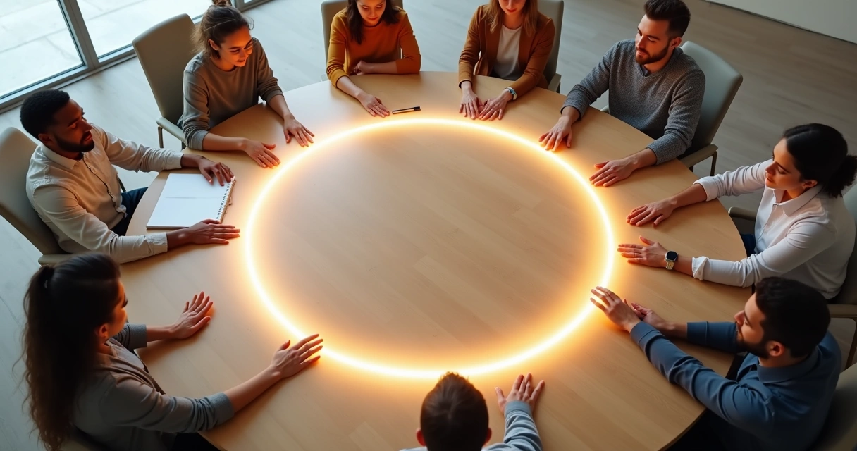 Team seated in a circle with a glowing loop connecting their gestures on the table 