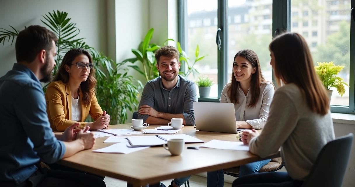 Team in a modern office having a group discussion, with visible expressions showing empathy and active listening 