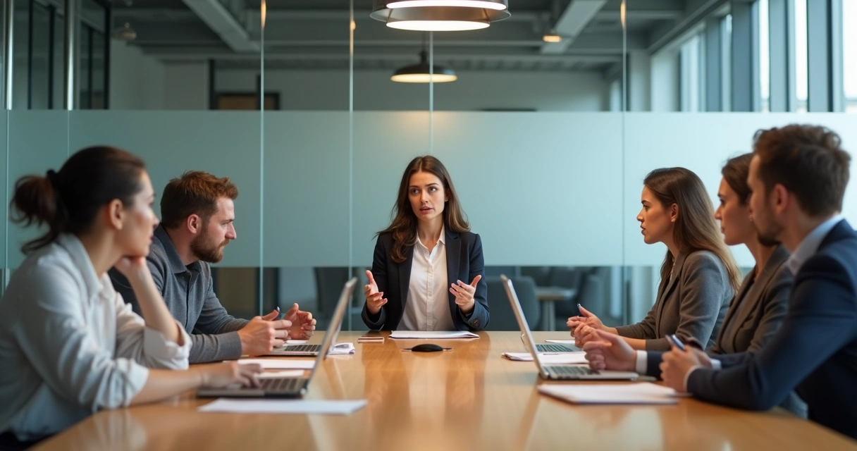 Office team in meeting with mismatched body language and expressions 