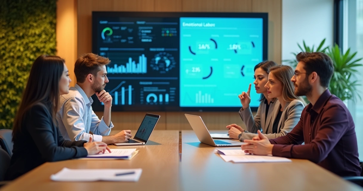 Diverse team at a table with visual contrast between emotional and intellectual labor 