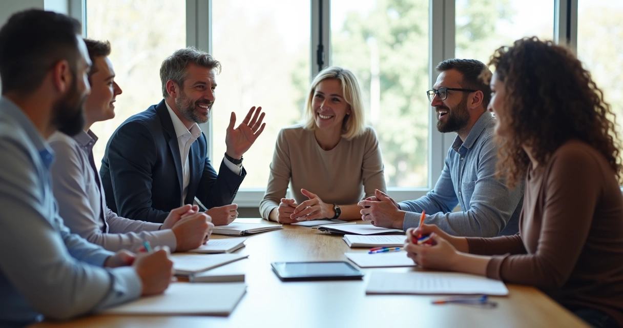 Diverse group discussing around a table with expressive gestures and notes 
