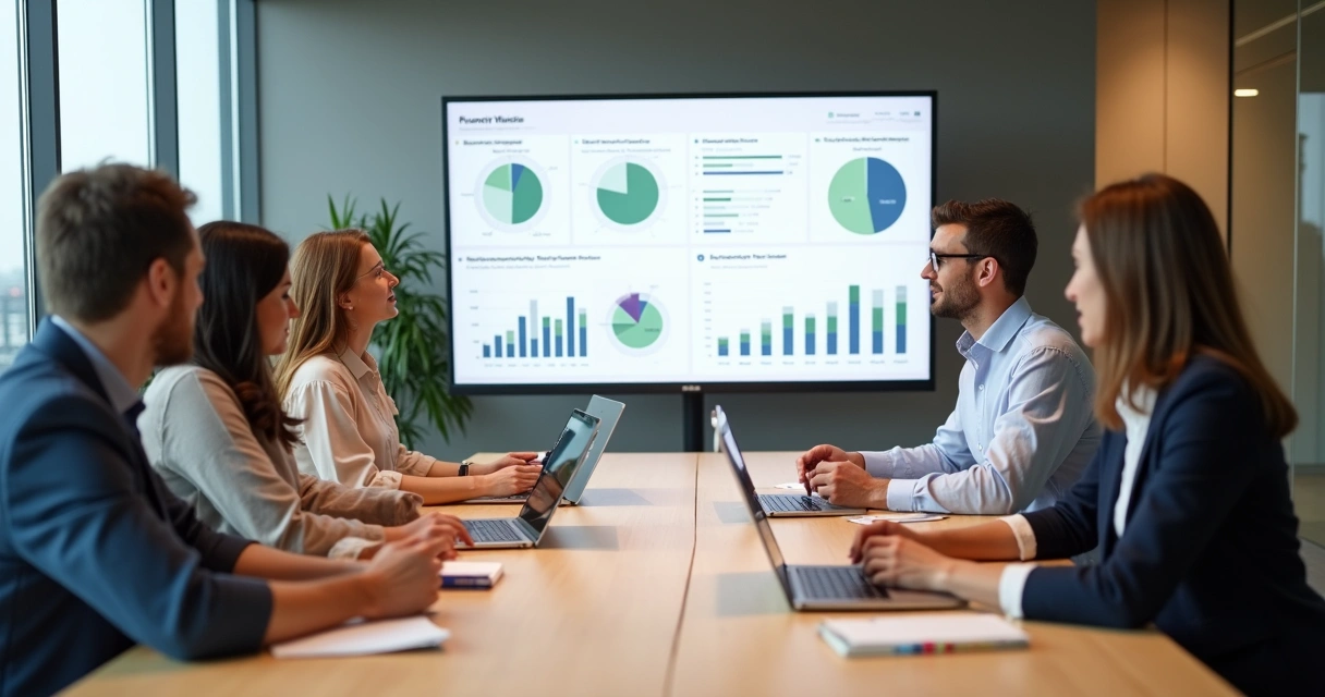 Diverse team in meeting room reviewing emotional maturity dashboard on large screen 