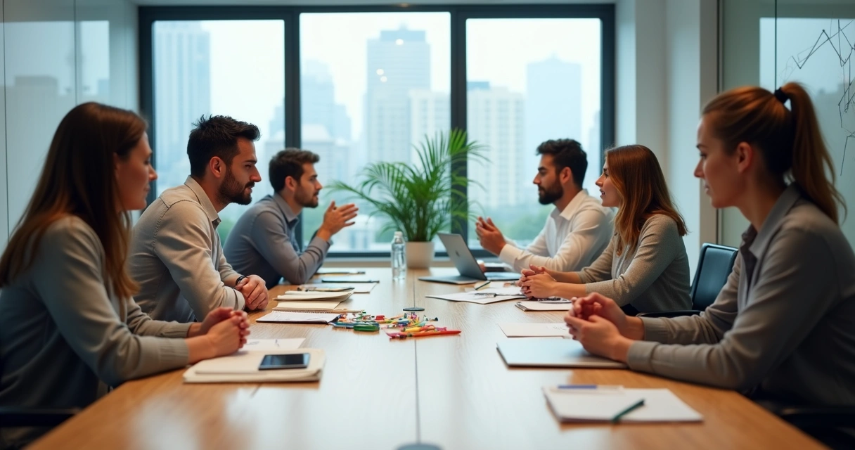 Diverse team in a meeting contrasting emotional tension and calm leadership 