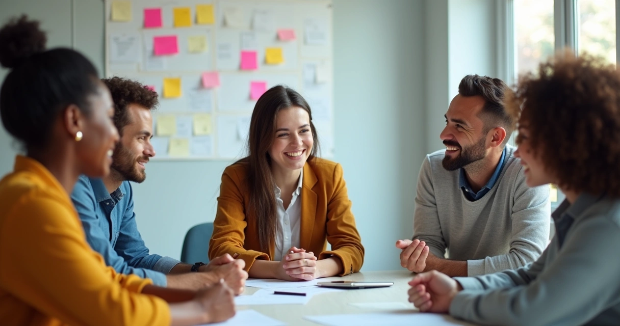 A diverse team in a meeting room sharing ideas, relaxed body language and attentive listening 
